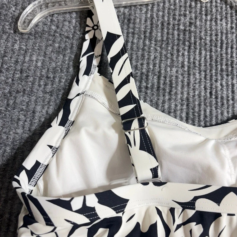 Lands End Womens Black White Floral Blouson Tankini Swim Top Size 8 522625
